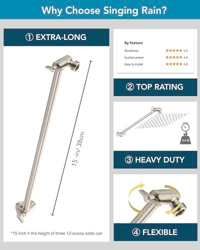 Singing Rain 15 Inch Extra Long Adjustable Shower Head Extension Arm With Locking Set Screw, Singing Rain Brass Angle Height Adjustable, Easy To Install, G1/2 Universal Connector Compatible (Nickel Brushed) - Image 4