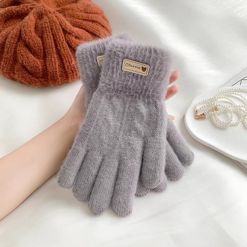Womens Korean-style knitted wool gloves winter fleece-lined thickened cycling warm touch screen double-layer color matching gloves wholesaleWomen's Double Purple Women's Double Purple