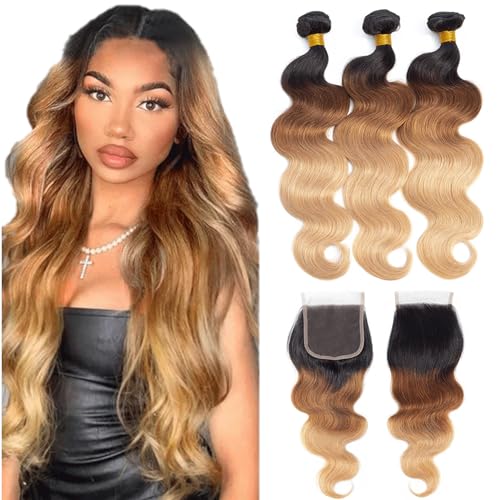 12A Ombre Bundles with Closure Human Hair 18 20 2218 Brazilian Ombre Body Wave Human Hair Weave Bundles with Closure 100 Unprocessed Virgin Body Wave 3 Bundles with Lace Closure