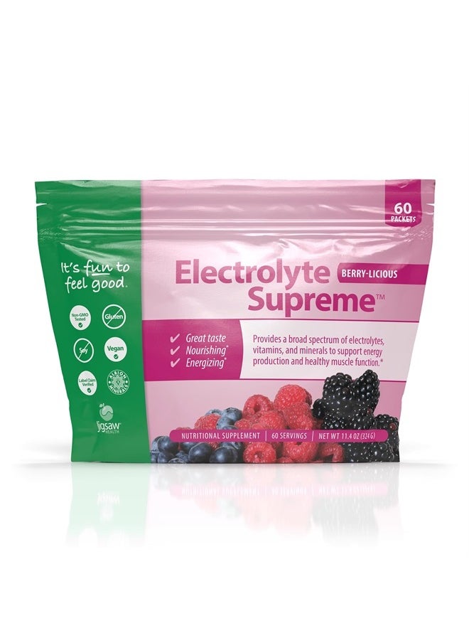 Jigsaw Health Electrolyte Supreme - Broad Spectrum of Electrolytes + Trace Minerals - 60 Servings (60 Servings Packets, Berry)  - Image 1
