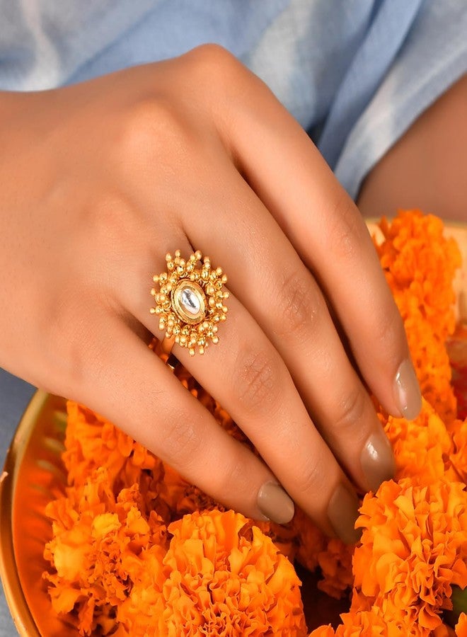 VOYLLA Veerangana Gold Plated Oval Cut Kundan Ring - Image 3