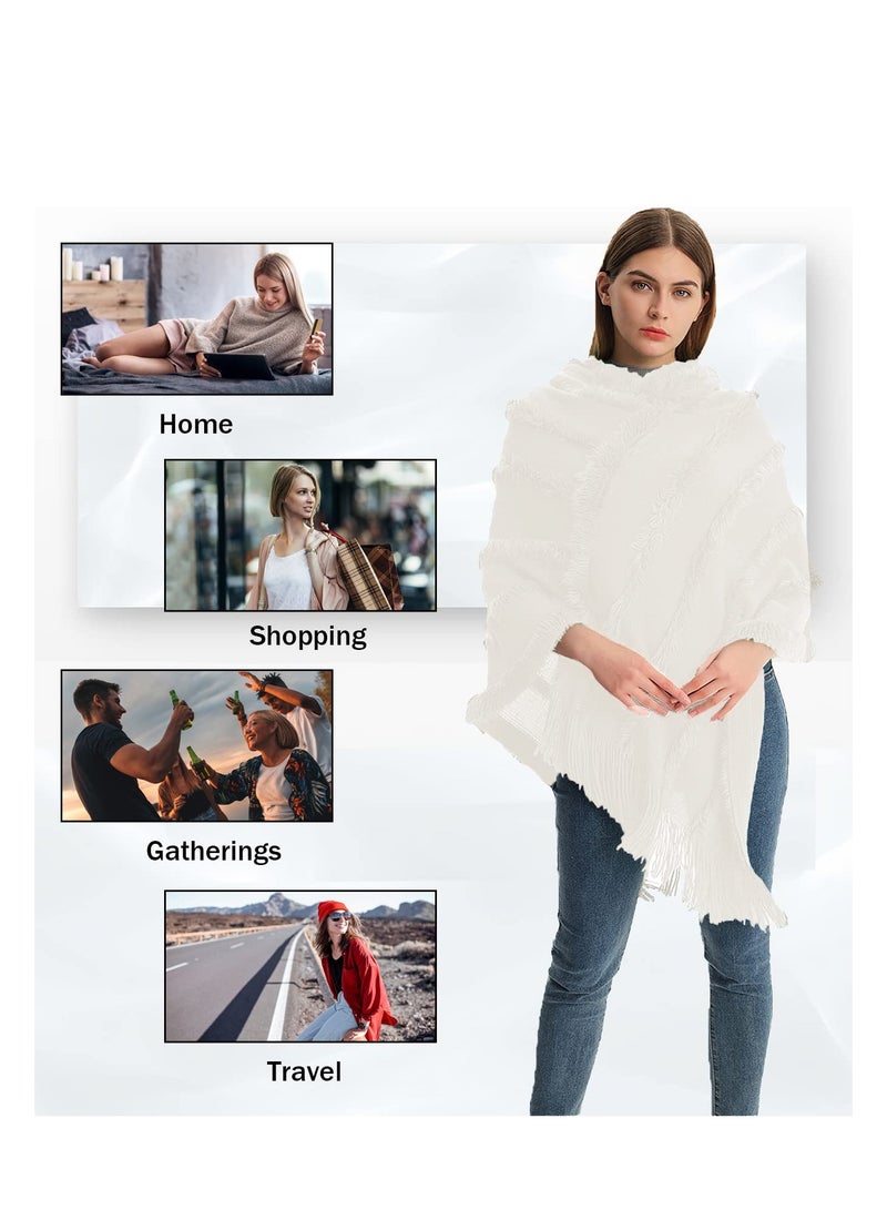 SYOSI بونشو للسيدات بغطاء رأس مع حواف مهدبة كروشيه لفصل الخريف والشتاء، شال محبوك سادة مع حواف، معاطف سويتر - Image 5