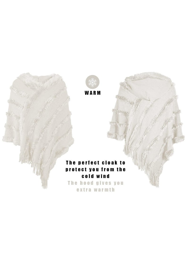 SYOSI بونشو للسيدات بغطاء رأس مع حواف مهدبة كروشيه لفصل الخريف والشتاء، شال محبوك سادة مع حواف، معاطف سويتر - Image 3