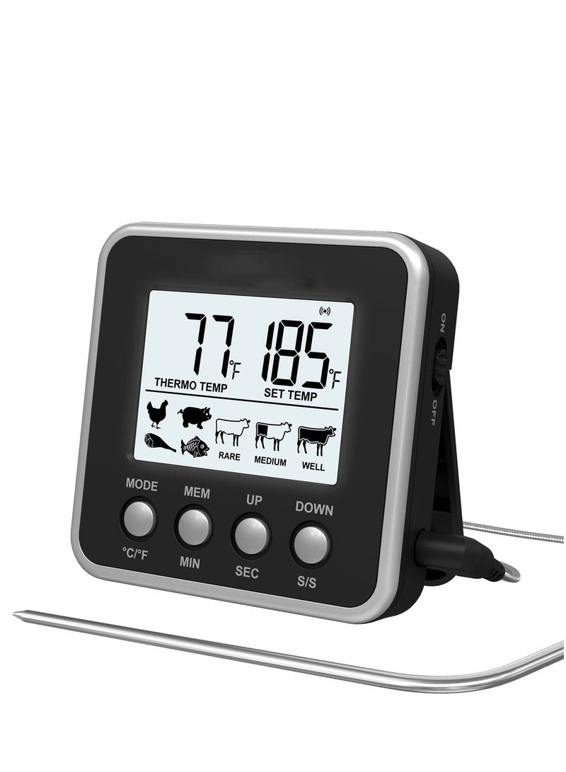 SYOSI Digital Meat Thermometer for Cooking and Grilling, Kitchen Food Candy Oven BBQ Grill Thermometer for Smoker Baking Liquid with Stainless Steel Probe Instant Read Magnetic Battery Timer Black - Image 1