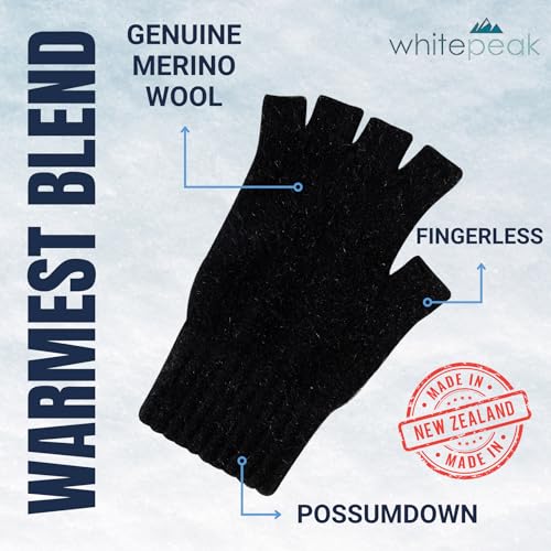 Whitepeak Genuine Merino Wool and Possumdown Fingerless Gloves for Men and Women | UNISEX (Black Medium) - Image 2