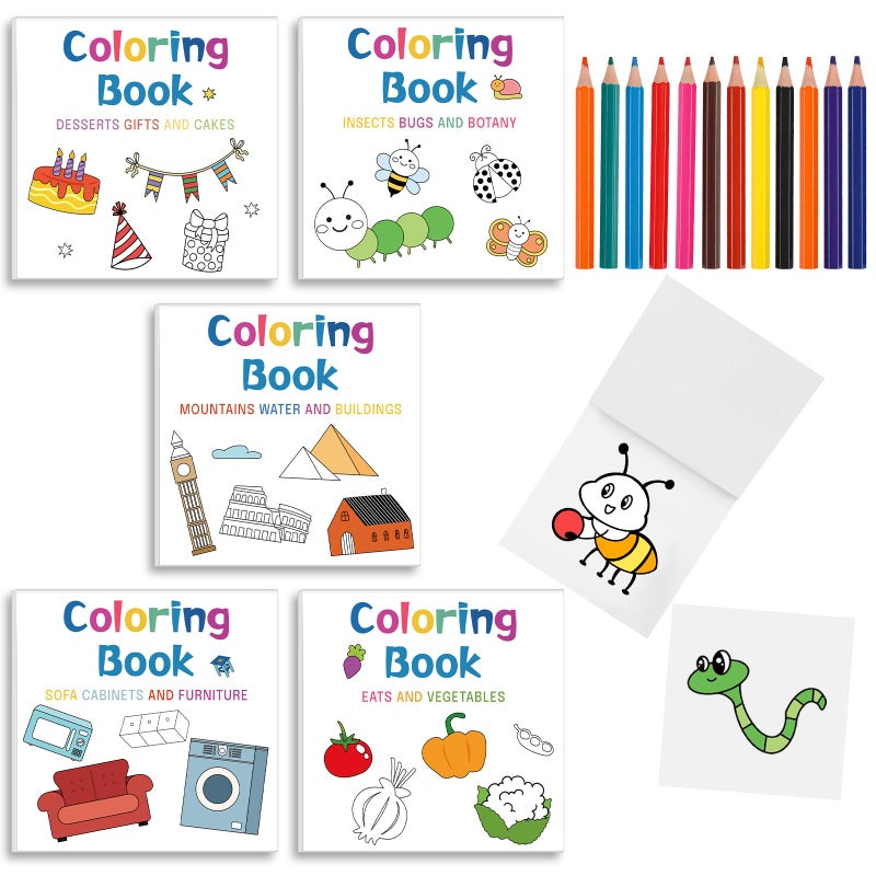 Sinload 5 Pcs Mini Coloring Books with 12 Mini Pencils Variety Pack Pocket Size Small Coloring Books Gifts for Adults Coworkers TravelClassic - Image 2