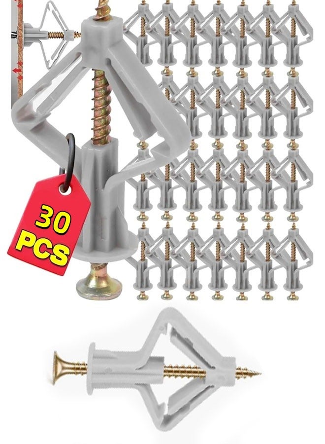 FAVZCBVIN Wall Anchor Kit, 30 Pieces Hollow Wall Anchors with Screws Self Drilling Hollow Wall Anchor for Drywall Plasterboard Butterfly Type Expansion Anchors with Screws - Image 1