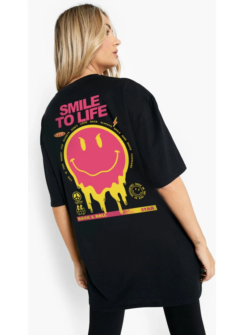 Rock&Roll Smile at Life Black Short Sleeve Back Printed Women's Oversize T-Shirt