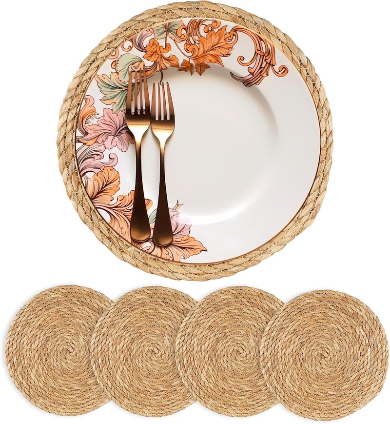 Dimpola Round Woven Placemats 13 inch Set of 4 - Boho Rattan Placemats Natural Water Hyacinth Placemat, Farmhouse Weave Place Mats, Rustic Braided Wicker Table Mats for Dining Table,Home,Wedding - Image 1