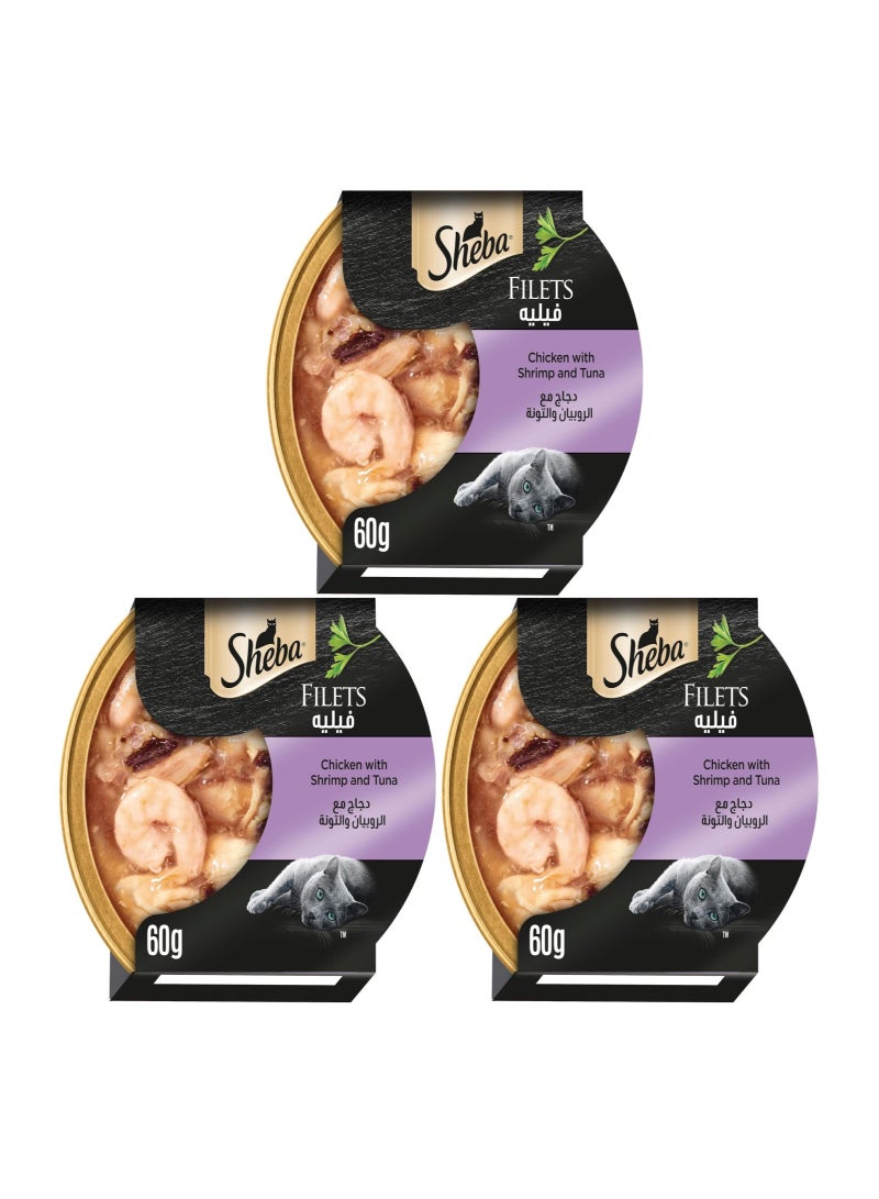 Sheba Fillet Wet Cat Food Chicken with Shrimp and Tuna, Cat Food Made with Natural Chicken  This wet food from Sheba is made for reliable consumption, rich in the essential nutritional requirements of cats, Dom 60g 3 Pack - Image 1