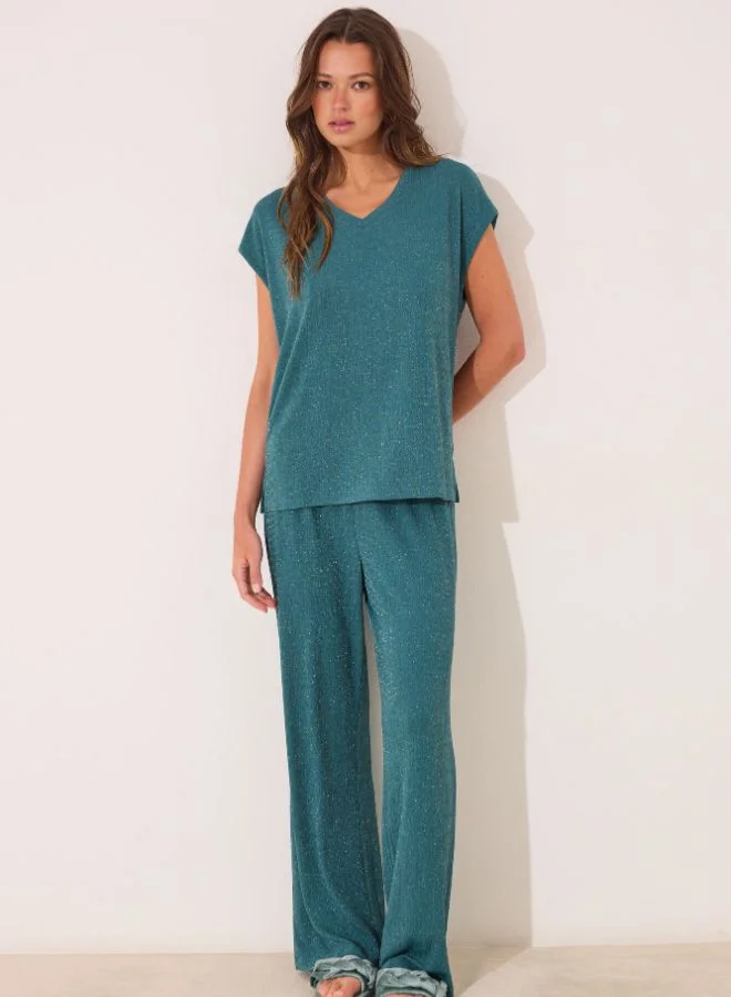 women'secret Green Lurex T Trouser And T-Shirt Set