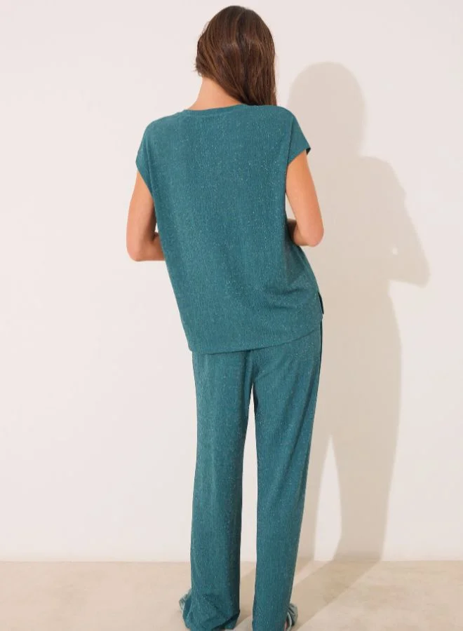 women'secret Green Lurex T Trouser And T-Shirt Set