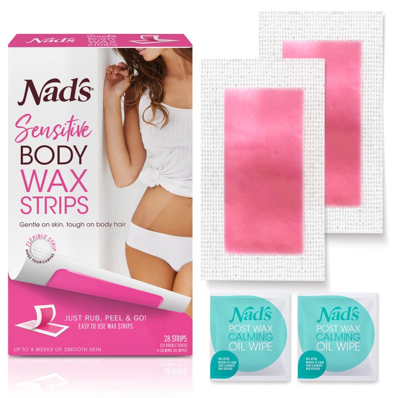 Nad's Nadâ€™s Body Wax Strips for Sensitive Skin, Hair Removal for Sensitive Skin, Hypoallergenic, Includes 28 Waxing Strips & 2 Post Wax Calming Oil Wipes - Image 1
