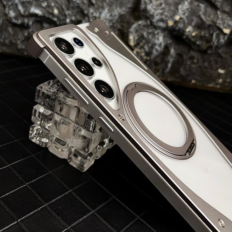 erorex For Samsung Galaxy S25 Ultra 5G Metal Frameless 360 Degree Rotation Holder MagSafe Transparent Phone Case(Black) - Image 4