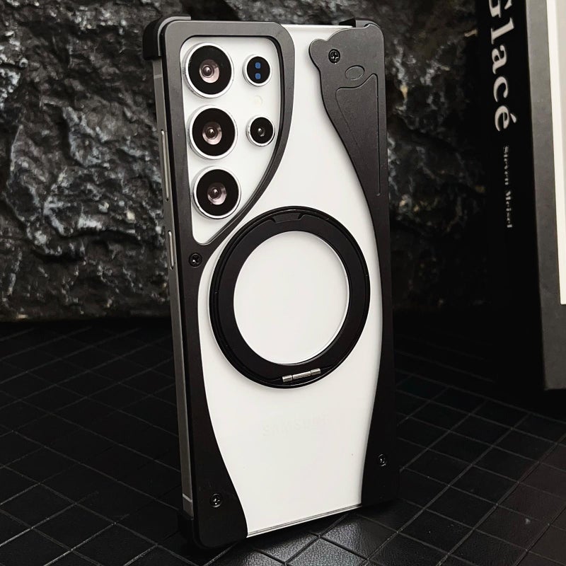 erorex For Samsung Galaxy S25 Ultra 5G Metal Frameless 360 Degree Rotation Holder MagSafe Transparent Phone Case(Black) - Image 1