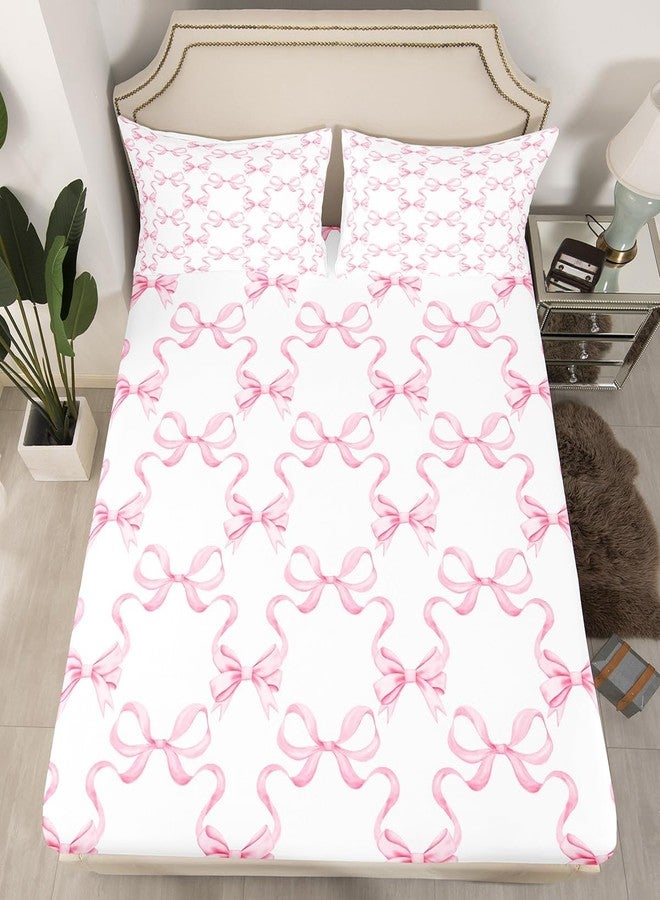 Man Fei Twin Size Fitted Sheet,Kids 2 Piece Pink Bow Sheets for Boys Girls Teens Toddler, Easy Fit Deep Pockets, Breathable, Princess Style, Cozy Soft Cartoon Bowknot Print Cute Bed Sheets(No Flat) - Image 4