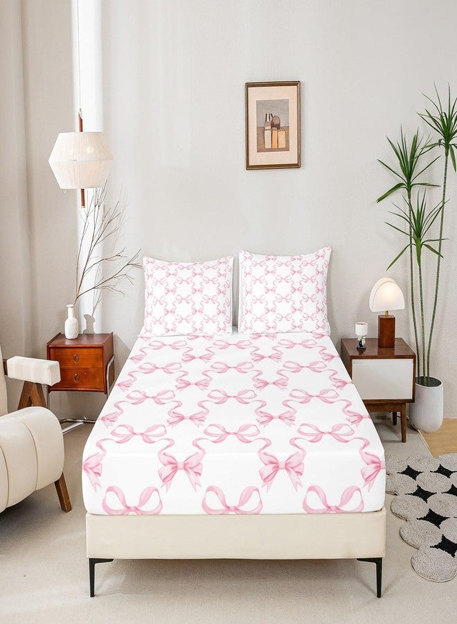 Man Fei Twin Size Fitted Sheet,Kids 2 Piece Pink Bow Sheets for Boys Girls Teens Toddler, Easy Fit Deep Pockets, Breathable, Princess Style, Cozy Soft Cartoon Bowknot Print Cute Bed Sheets(No Flat) - Image 5