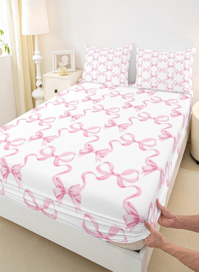 Man Fei Twin Size Fitted Sheet,Kids 2 Piece Pink Bow Sheets for Boys Girls Teens Toddler, Easy Fit Deep Pockets, Breathable, Princess Style, Cozy Soft Cartoon Bowknot Print Cute Bed Sheets(No Flat) - Image 2
