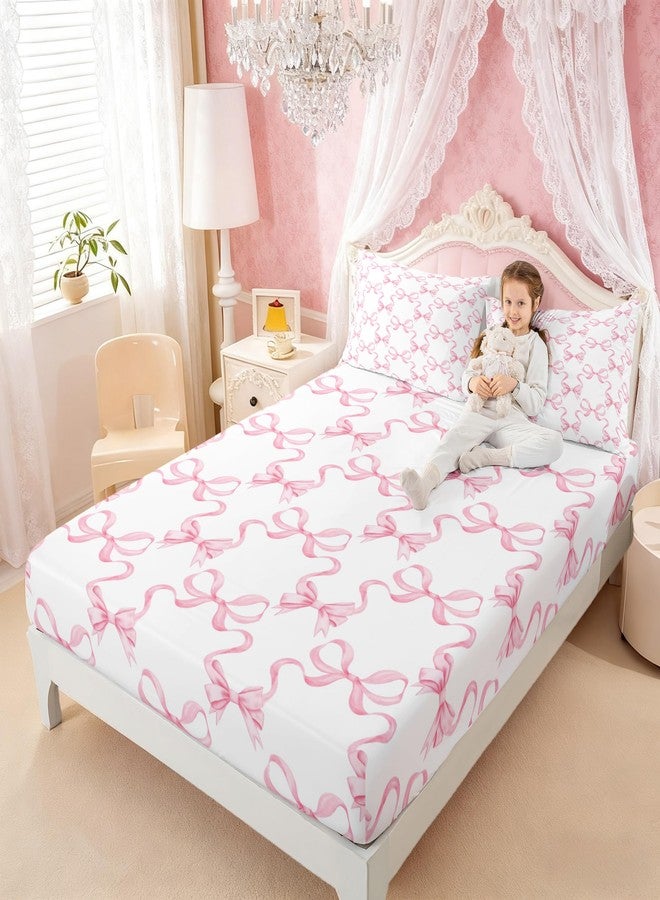 Man Fei Twin Size Fitted Sheet,Kids 2 Piece Pink Bow Sheets for Boys Girls Teens Toddler, Easy Fit Deep Pockets, Breathable, Princess Style, Cozy Soft Cartoon Bowknot Print Cute Bed Sheets(No Flat) - Image 1