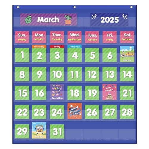 EAMAY Classroom Monthly Calendar Pocket Chart with 71 Cards for Kids Learning for Home,Blue - Image 1