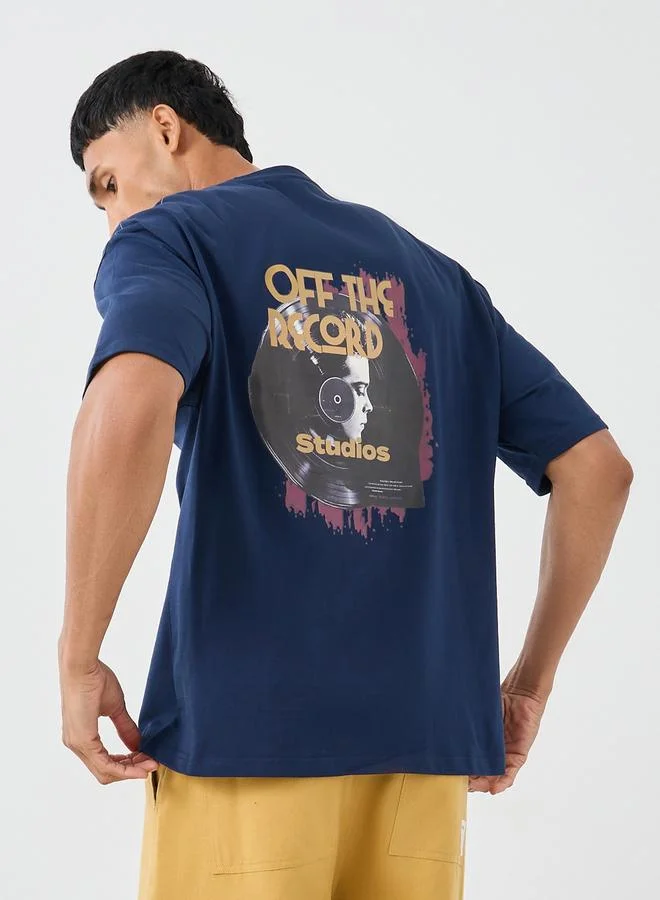 ستايلي Styli Men Navy Blue Graphic Print Short Sleeve Oversized T-Shirt