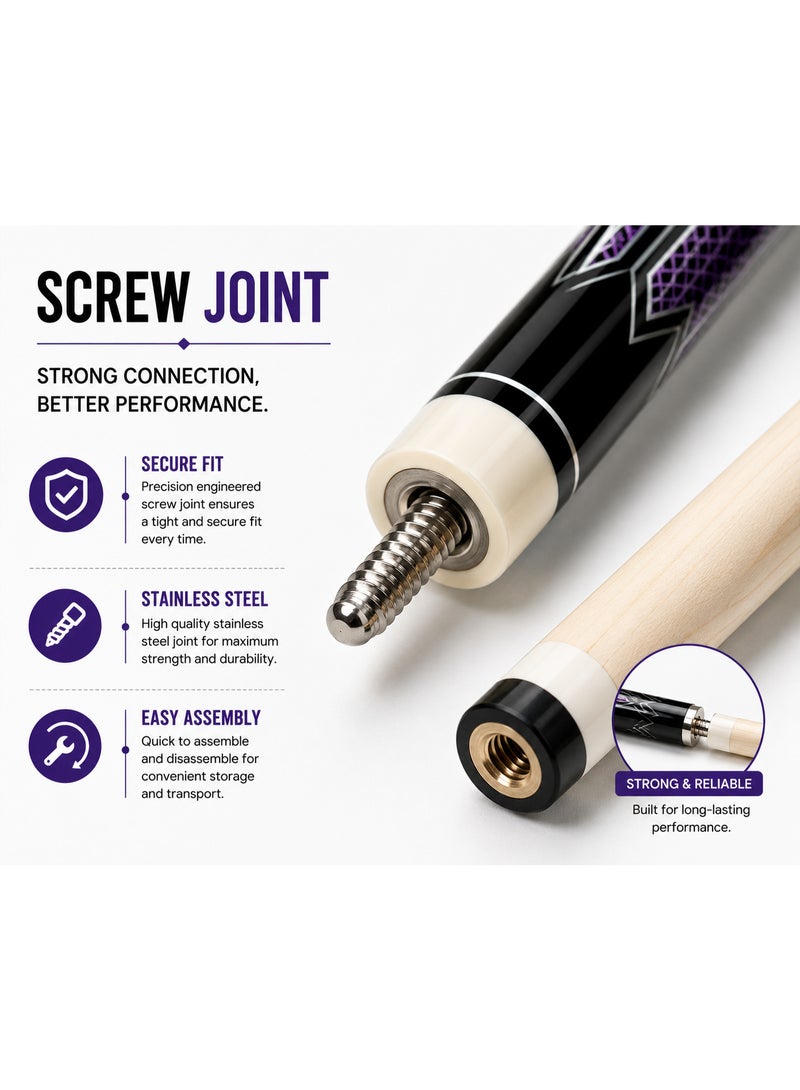 25331-5 Professional Billiard Cue Stick 145CM Wooden Pool Cue With Premium Tip & Screw Joint Black Purple Design - Image 3