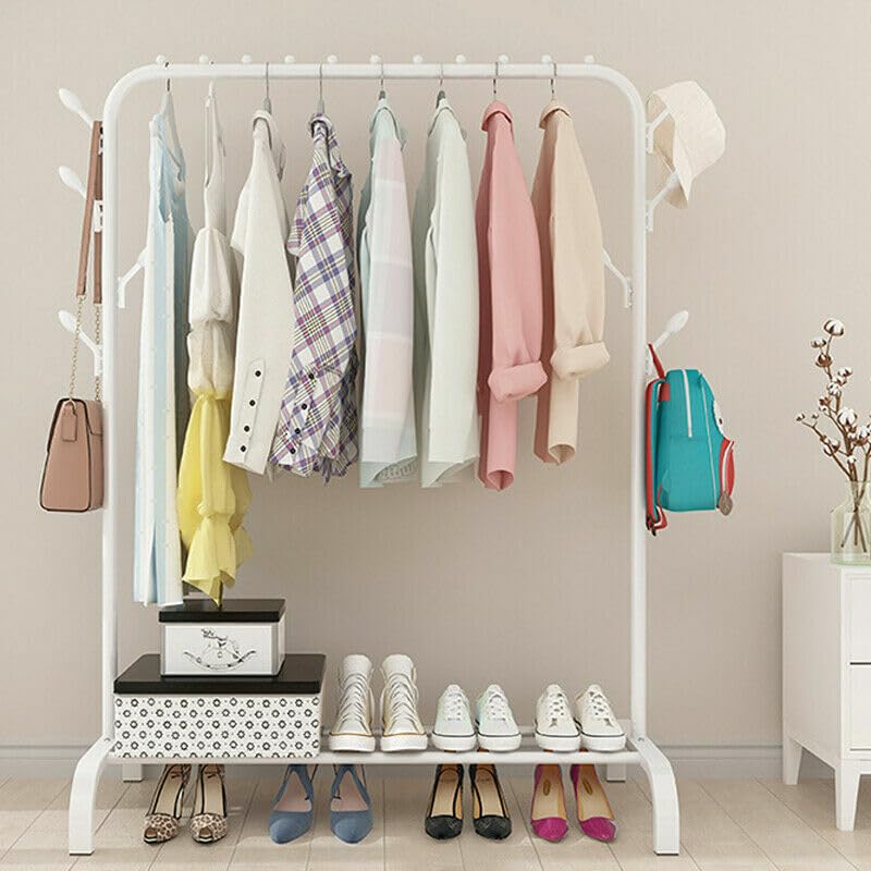 KEEKOS Single Pole Coat Hanger/Cloth Stand/Garment Stand with Bottom Shelves - Metal Garment Rack for Organized Storage 8 Hook (Multi) (White-A) - Image 1