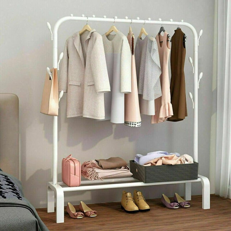 KEEKOS Single Pole Coat Hanger/Cloth Stand/Garment Stand with Bottom Shelves - Metal Garment Rack for Organized Storage 8 Hook (Multi) (White-A) - Image 2
