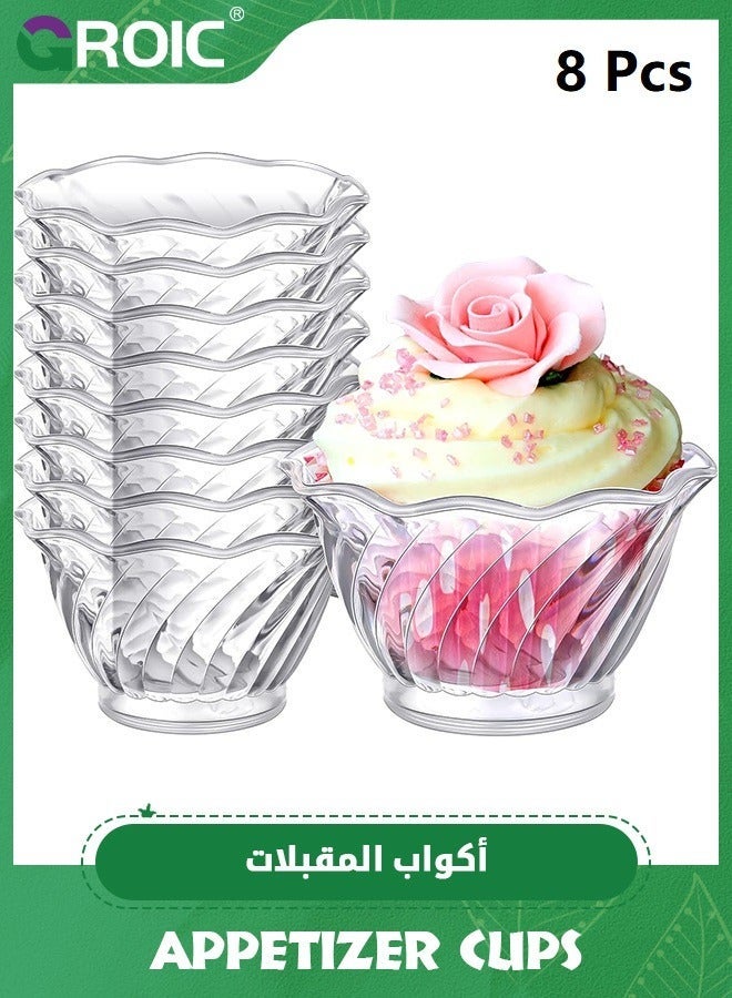 GROIC 8 Pack Plastic Dessert Cups 6 oz Clear Ice Cream Sundae Tasting Bowls, Mini Round Swirl Tulip Shape Party Buffet Serving for Yogurt Salad Appetizer Chocolate Candy Parfait Fruit  - Image 1