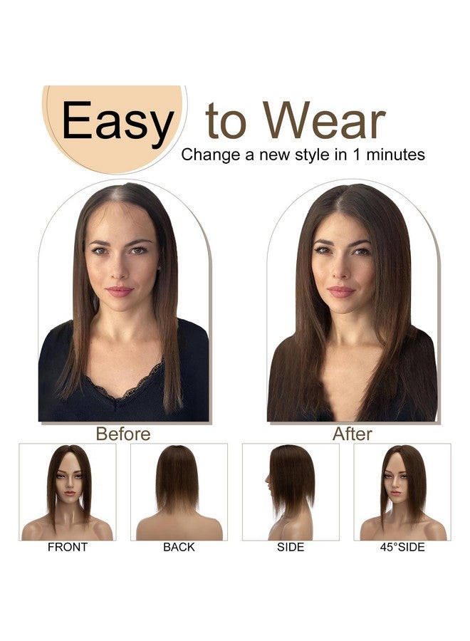 سيجو أغطية شعر للنساء، شعر بشري حقيقي بدون غرة، كثافة 130%، قاعدة حريرية 10 * 12 سم، 100% شعر بشري ريمي، مشبك في الجزء العلوي، قطع شعر مستعار للشعر الخفيف، 10 بوصة بني متوسط - Image 5