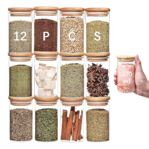 SILIVO Spice Jars with Airtight Bamboo Lid - 320ml Glass Spice Bottles, Set of 12 Seasoning Containers for Salt, Sugar, Coffee Beans - Set of 12 Round 320ml Jars with Wooden Lids - Image 1