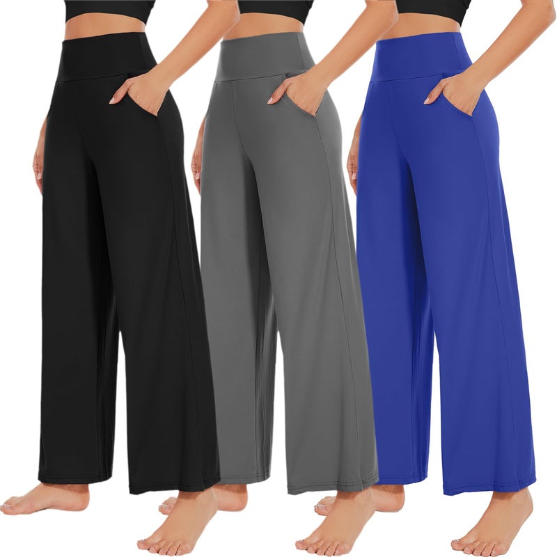 NEW YOUNG 3 Pack Women's Wide Leg Pants with Pockets High Waist Loose Sweatpants Casual Lounge Yoga Workout Palazzo - Image 1