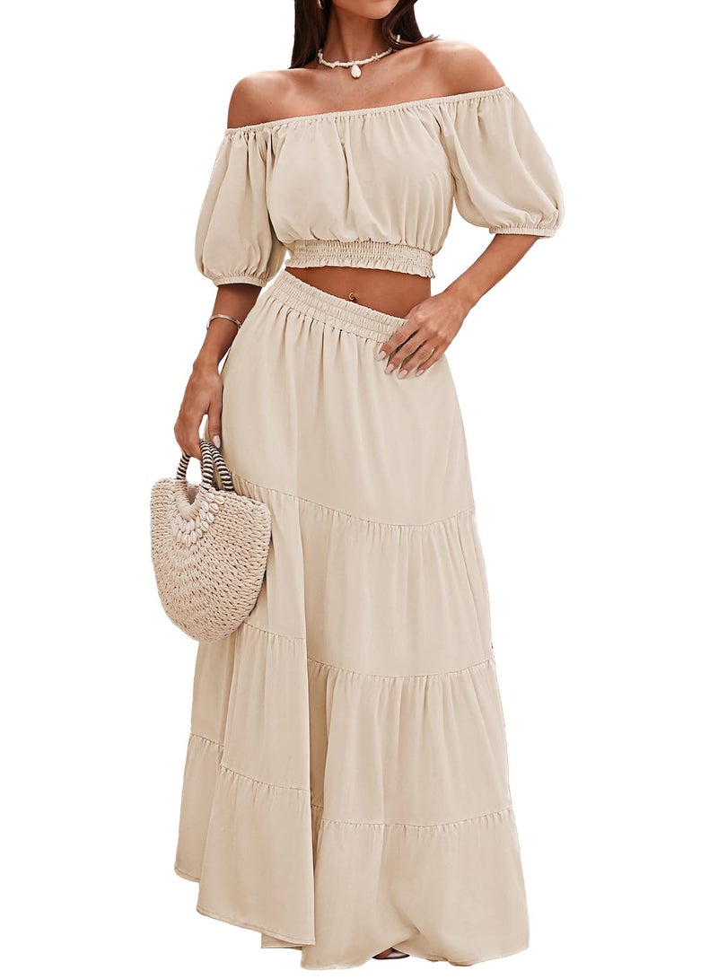 HUUSA 2 Piece Dress Set for Women Vacation Comfy Cute Summer Outfits Bare Shoulder Short Sleeve Crop Tops and Waist Ruffle Pleated Skirts with Pockets Sandy S - Image 1