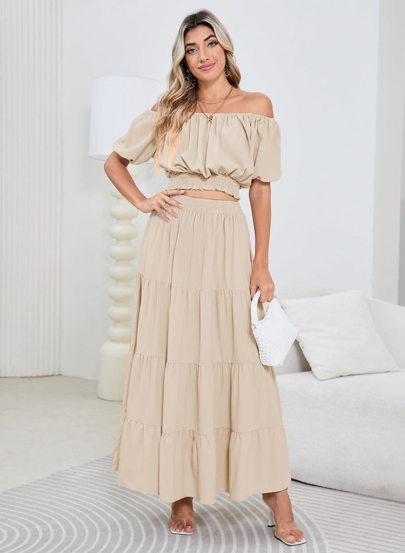 HUUSA 2 Piece Dress Set for Women Vacation Comfy Cute Summer Outfits Bare Shoulder Short Sleeve Crop Tops and Waist Ruffle Pleated Skirts with Pockets Sandy S - Image 3