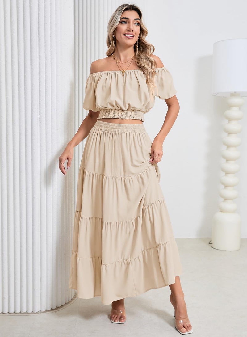 HUUSA 2 Piece Dress Set for Women Vacation Comfy Cute Summer Outfits Bare Shoulder Short Sleeve Crop Tops and Waist Ruffle Pleated Skirts with Pockets Sandy S - Image 5