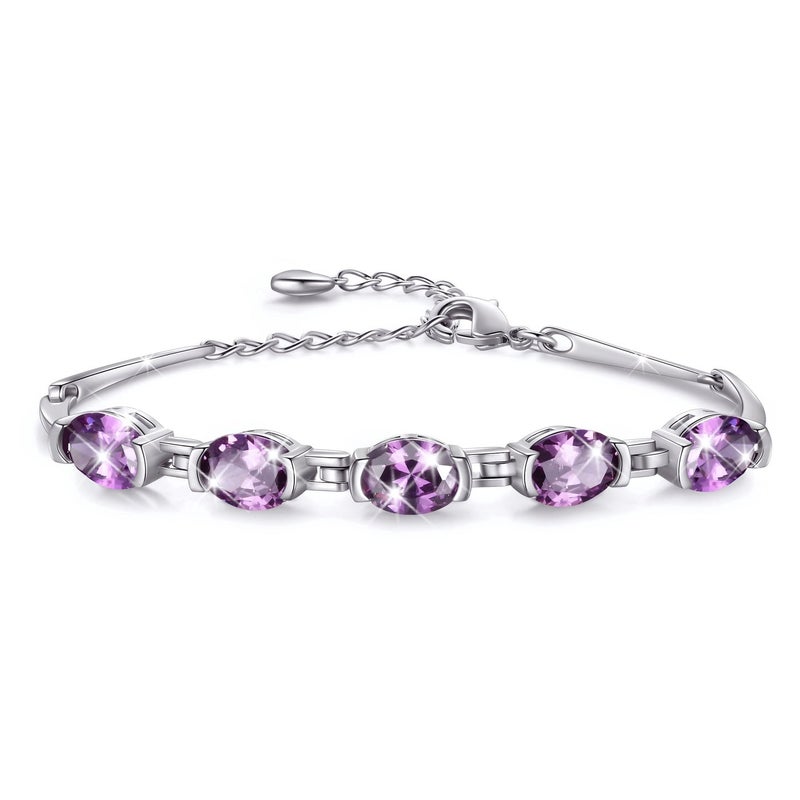 Juwaliy 18K White Gold Plated Oval Tennis Bracelets for Women,February Birthstone Bracelet Purple Amethyst Jewelry Birthday Valentines Gift for Her - Image 1