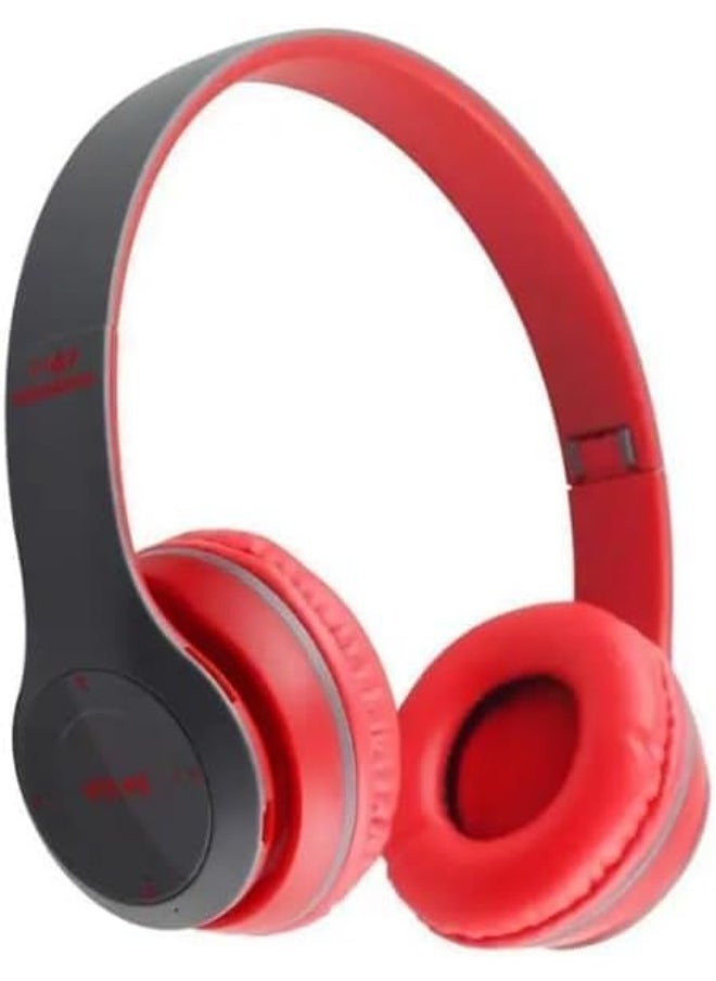 P47 Wireless Bluetooth Headphone P47 - Over Ear Stereo Music Headset with Memory Card Support, Gaming Headphones with Built-in Microphone for Laptop, Mobile Phone-RED  - Image 1