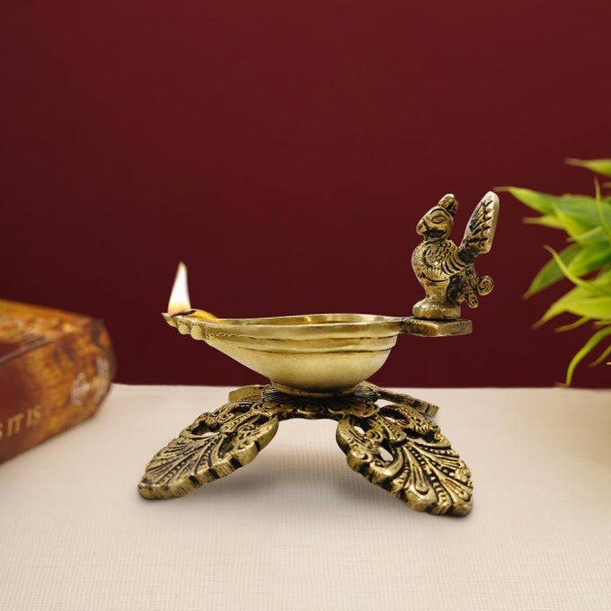 BRASS DIYA FOR PUJA 55 INCH 750 GRAMS PACK OF 1 PURE BRASS PEACOCK DESIGN DIYA IN GOLD ANTIQUE FINISH OIL LAMP DIYA FOR DIWALI HOME TEMPLE DIWALI DECORATION ITEM