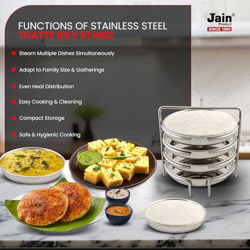 Jain Stainless Steel Dhokla Stand (Big Size) with 4 Plates | South Indian Thatte Idly Maker | Dhokla Maker | Steaming Utensil Pack Of 1 Silver Colour - [Height - 18cm: Width - 19cm] - Image 4