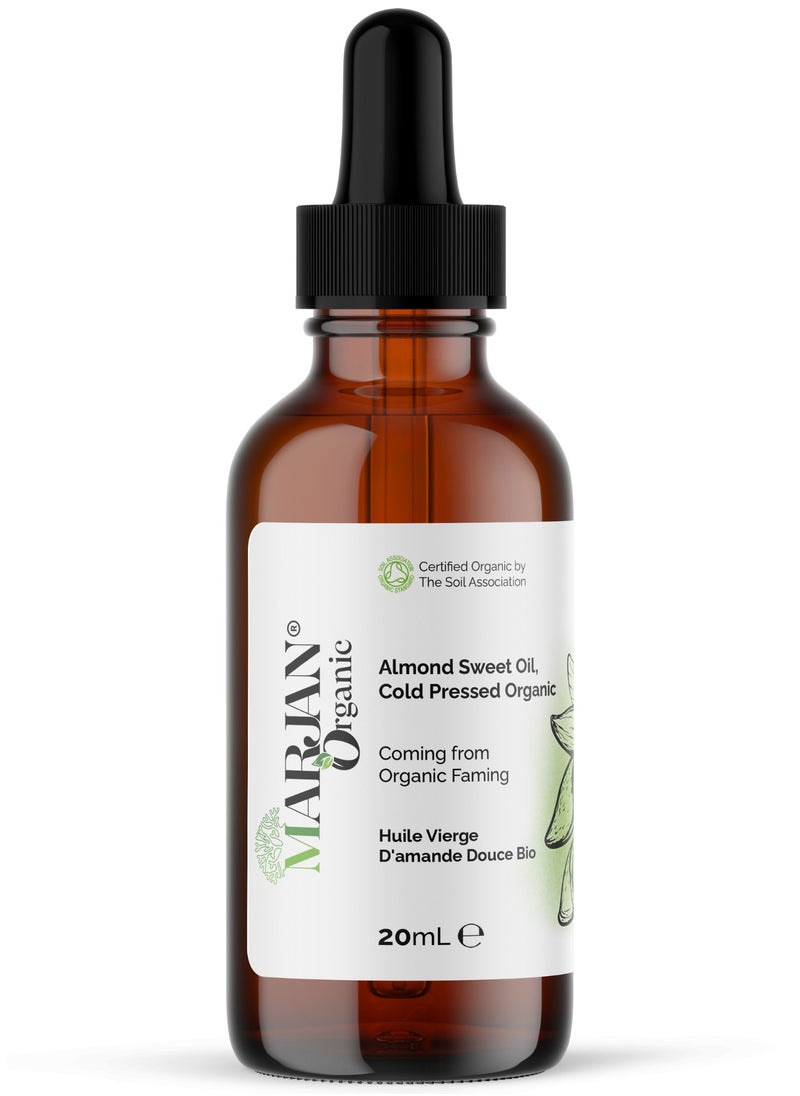 MARJAN ORGANIC - Sweet Almond Oil 20ml - Certified Organic - 100% Pure & Natural - Cold Pressed Unrefined - For Skin, Hair, Face, Body Oil After Shower - Carrier Oil for Essential Oils Mixing - Image 1