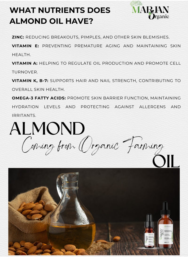 MARJAN ORGANIC - Sweet Almond Oil 20ml - Certified Organic - 100% Pure & Natural - Cold Pressed Unrefined - For Skin, Hair, Face, Body Oil After Shower - Carrier Oil for Essential Oils Mixing - Image 1