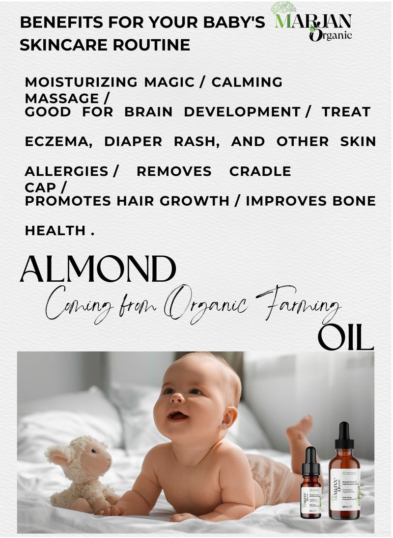 MARJAN ORGANIC - Sweet Almond Oil 20ml - Certified Organic - 100% Pure & Natural - Cold Pressed Unrefined - For Skin, Hair, Face, Body Oil After Shower - Carrier Oil for Essential Oils Mixing - Image 1