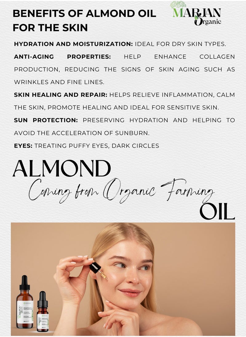 MARJAN ORGANIC - Sweet Almond Oil 20ml - Certified Organic - 100% Pure & Natural - Cold Pressed Unrefined - For Skin, Hair, Face, Body Oil After Shower - Carrier Oil for Essential Oils Mixing - Image 1