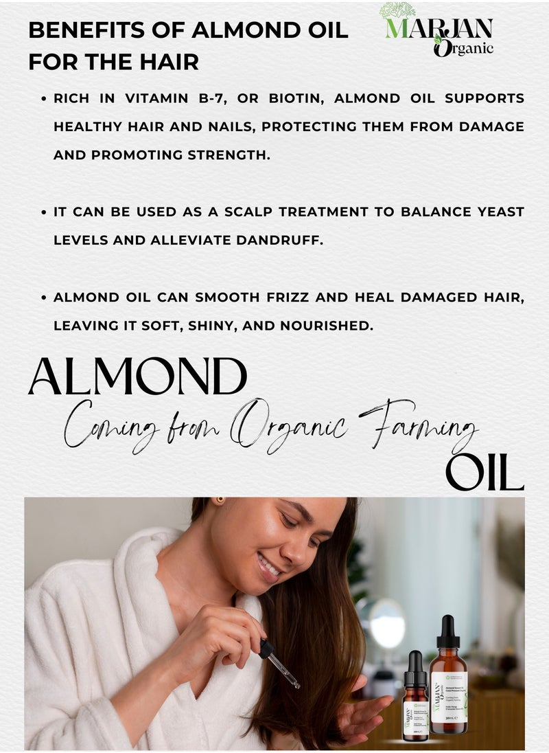 MARJAN ORGANIC - Sweet Almond Oil 20ml - Certified Organic - 100% Pure & Natural - Cold Pressed Unrefined - For Skin, Hair, Face, Body Oil After Shower - Carrier Oil for Essential Oils Mixing - Image 1
