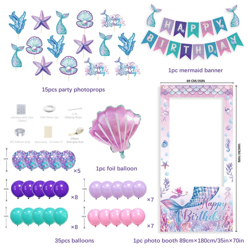jenmir Mermaid Birthday Decorations for Women,Happy Birthday Banner, 35 Balloons,Photo Booth Props for Kids Girls - Image 2