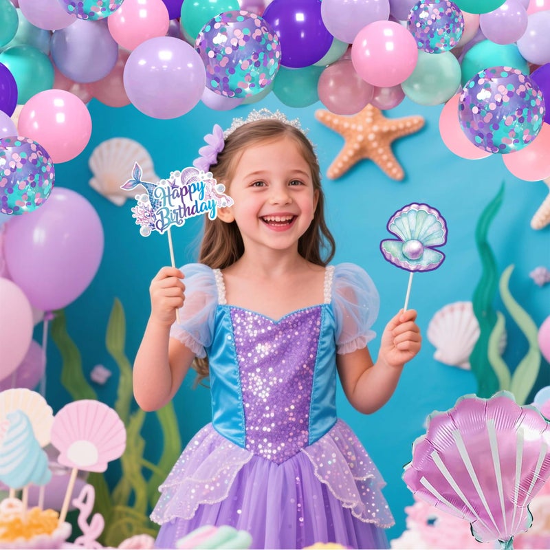 jenmir Mermaid Birthday Decorations for Women,Happy Birthday Banner, 35 Balloons,Photo Booth Props for Kids Girls - Image 4