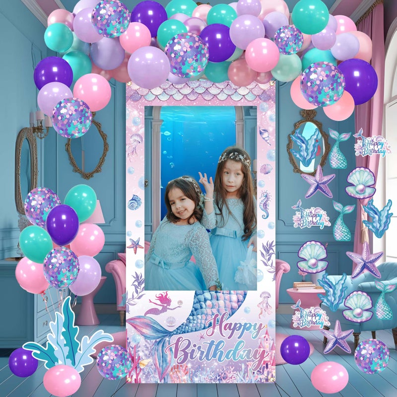 jenmir Mermaid Birthday Decorations for Women,Happy Birthday Banner, 35 Balloons,Photo Booth Props for Kids Girls - Image 3