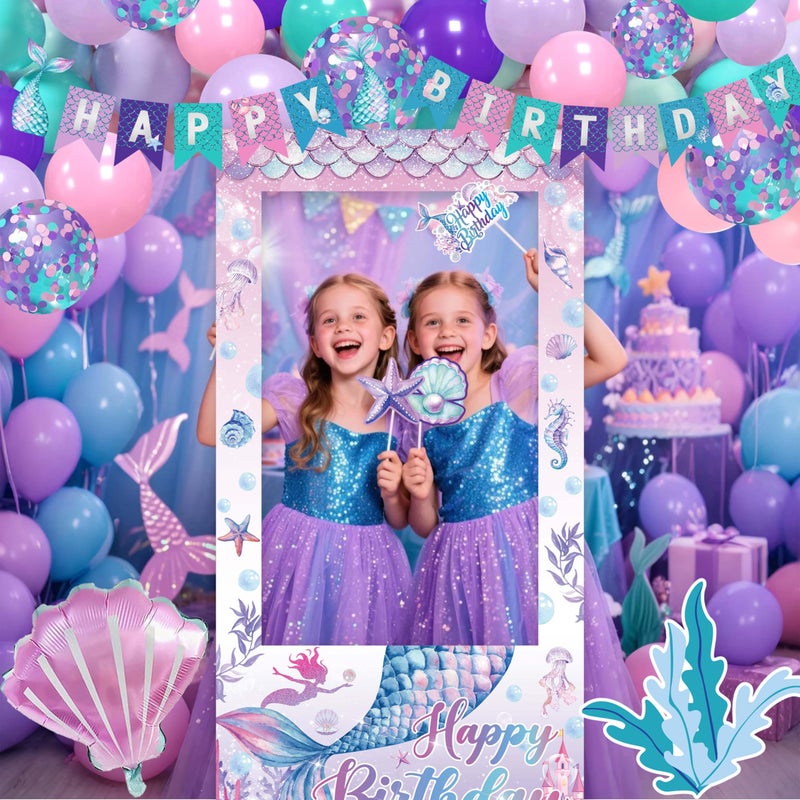 jenmir Mermaid Birthday Decorations for Women,Happy Birthday Banner, 35 Balloons,Photo Booth Props for Kids Girls - Image 5