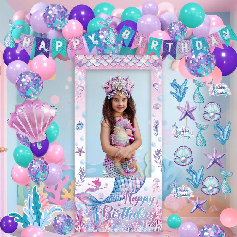 jenmir Mermaid Birthday Decorations for Women,Happy Birthday Banner, 35 Balloons,Photo Booth Props for Kids Girls - Image 1