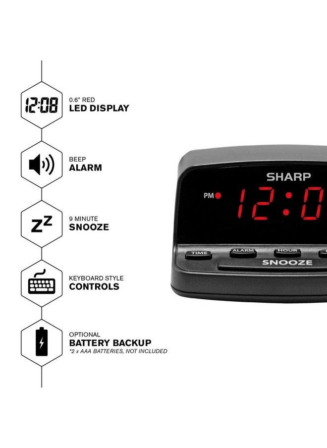 SHARP - Digital Alarm Clock With Keyboard Style Controls Battery Backup Easy To Use With Simple Operation Black Case With Red Led Display - Image 1